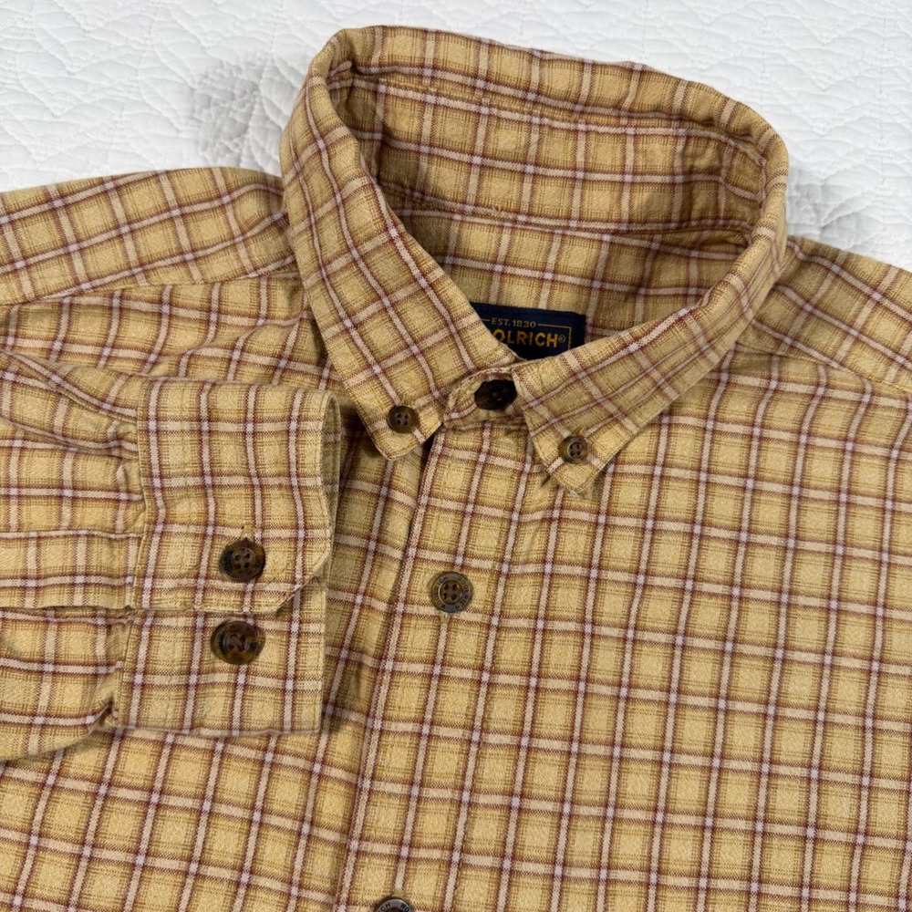 Woolrich Men Large Yellow Plaid Button Down Shirt Long Sleeve Heavy Cotton